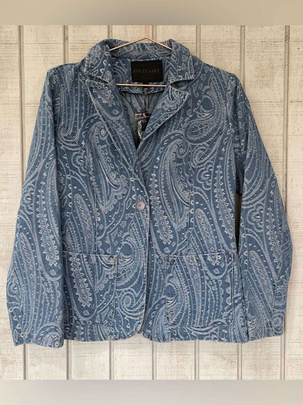 💙 Solitaire Paisley Denim Blazer Blue Printed Jacket Boho Small Western
